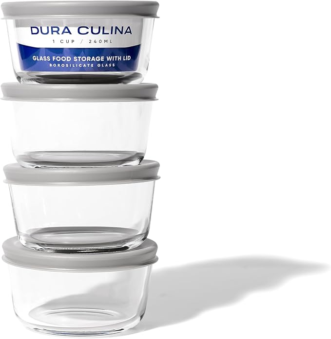 Borosilicate Glass Food Containers - 8 Piece Set (1 cup) - Premium Storage Solution Microwave & Dishwasher Safe, BPA-Free Lids, Grey