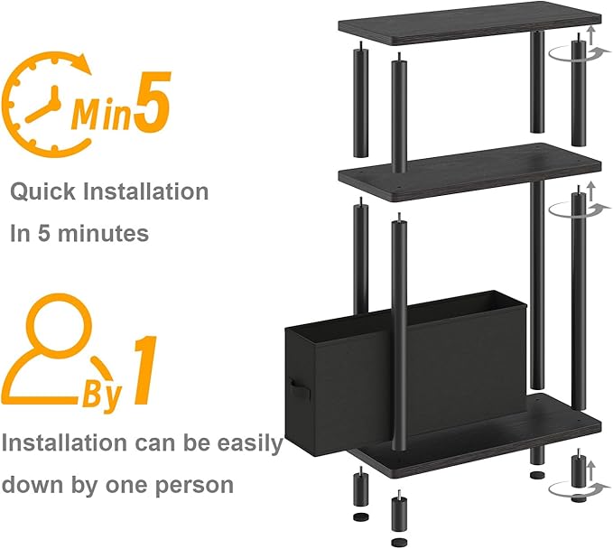 Apicizon Small Narrow Side Table, 3-Tier Skinny End Table withFabric Basket, Slim Nightstand Bedside Table for Small Spaces, Living Room, Bderoom, Black
