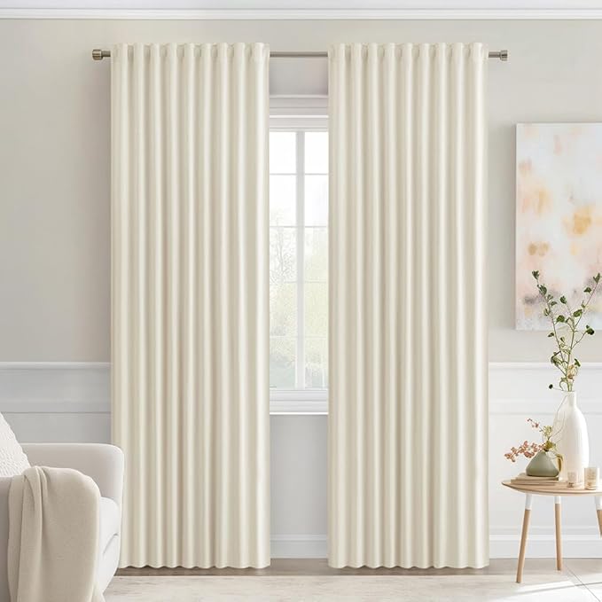 MIULEE Beige White Back Tab Blackout Curtains 84 Inch Length 2 Panels Set