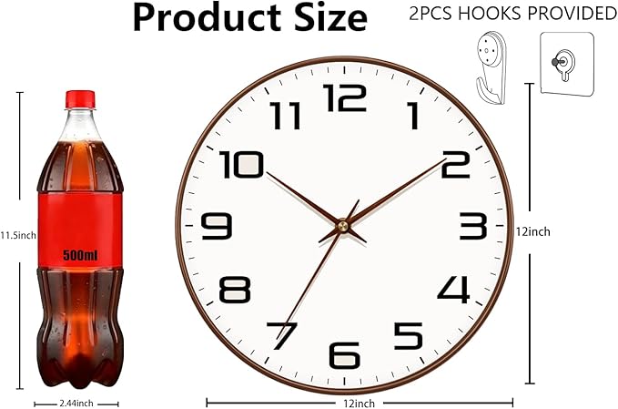Woodgrain Wall Clocks Battery Operated 12 Inch, Large Easy-to-Read Silent