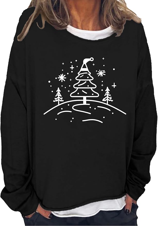 LOAIHA Merry Christmas Sweatshirt Crewneck Snowman Graphic Shirts Christmas Tree Sweater Long Sleeve Xmas Hoodie Pullover