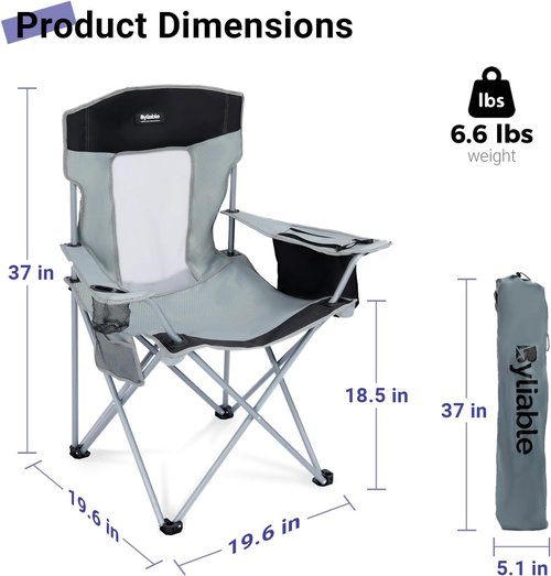 Byliable Camping Chair - Portable & Lightweight Folding Design with Drink Holder & Cooler Pouch | Gray/Black