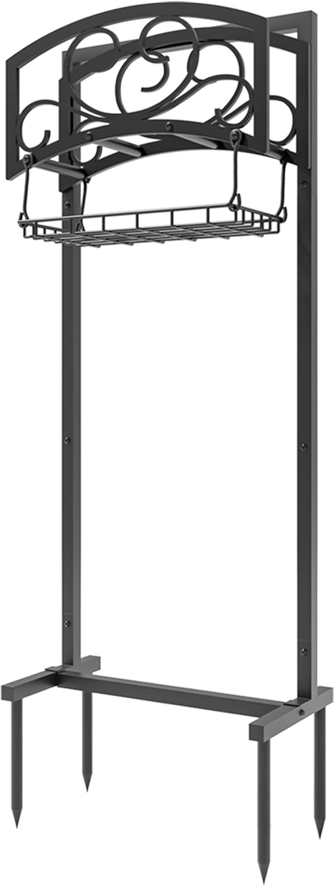 Kingson Freestanding Garden Hose Holder with Storage Basket - Heavy-Duty Black Powder-Coated Steel, Holds 150FT Hose, Detachable & Portable Design with Assembly Tools, Ideal for Outdoor Use