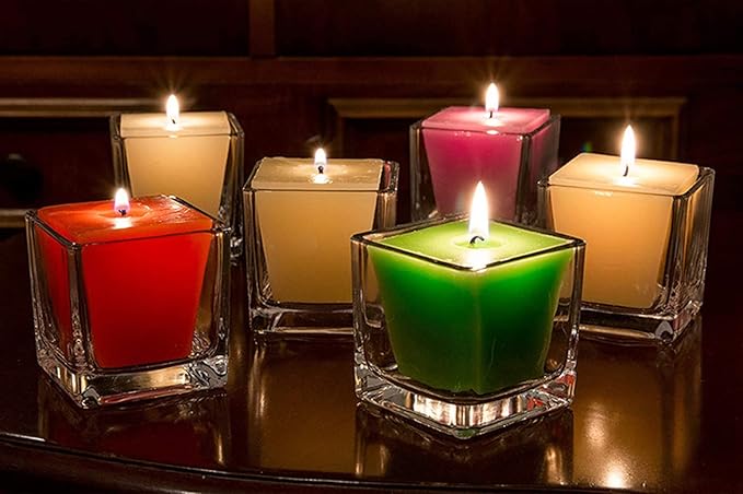 Square Glass Vases Set of 6 – Hewory 5"x5" Clear Cube Flower Vase Candle Holders for Wedding Centerpieces Home Decor Events Party Ceremony (Not Include Flower and Candle)