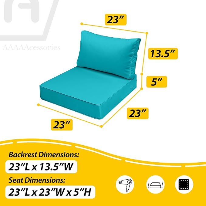AAAAAcessories Outdoor Seat Cushions for Chairs, Fade-Resistant, Waterproof Patio Furniture Replacement Cushions, 23" x 23" x 5" + 23" x 13.5", Turquoise Blue