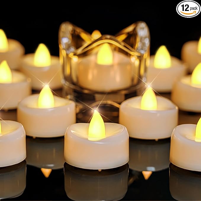 LED Candles, 12-Pack Battery Operated Tea Lights, Flameless Flickering Tealights for Fall Home Party Wedding in Warm Yellow, 1.5'' D X 1.25'' H