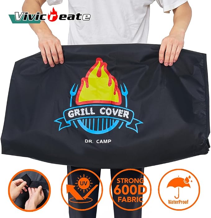 Vivicreate Waterproof BBQ Grill Cover 48 Inch Heavy Duty 420D Fabric Outdoor Barbecue Cover Weatherproof UV Protection Windproof Fits Weber Char-Broil Nexgrill Traeger Smoker Parrilla