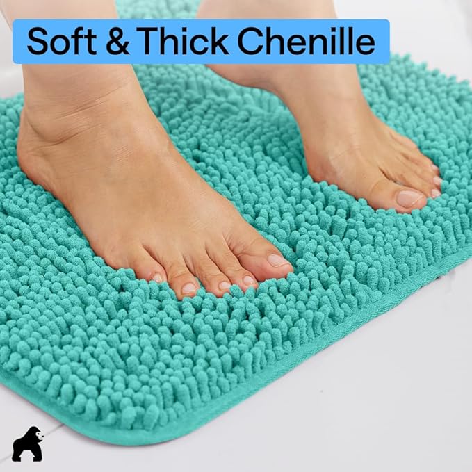 GORILLA GRIP Bath Rug Mat 30x20, Thick Soft Absorbent Chenille, Quick Dry Microfiber Mats, Rubber Backing Washable Shower Floor Rugs, US Designed Bathroom Bathmat Home Decor Accessories, Turquoise