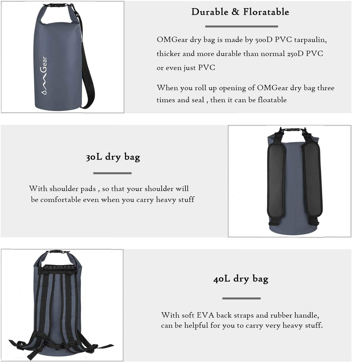 OMGear Waterproof Dry Bag Backpack - Floating Phone Pouch for Kayaking | Available in 40L, 30L, 20L, 10L, 5L Sizes