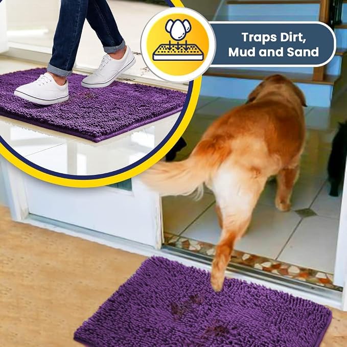 Muddy Mat® | Super Water Absorbent Door Mat Indoor, Microfiber Quick Dry Chenille Entryway Rug, Slip Resistant Front Door Mat, Indoor Mats for Entryway, Machine Washable Pet Rug, Purple 16"x24"