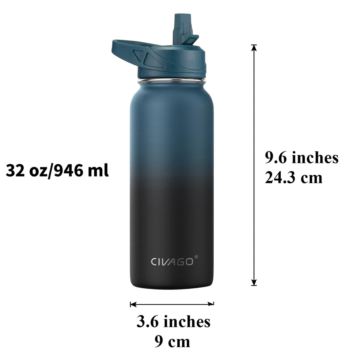CIVAGO 32 oz Insulated Water Bottle With Straw, Stainless Steel Sports Water Cup Flask with 3 Lids, Wide Mouth Travel Thermal Mug, Red