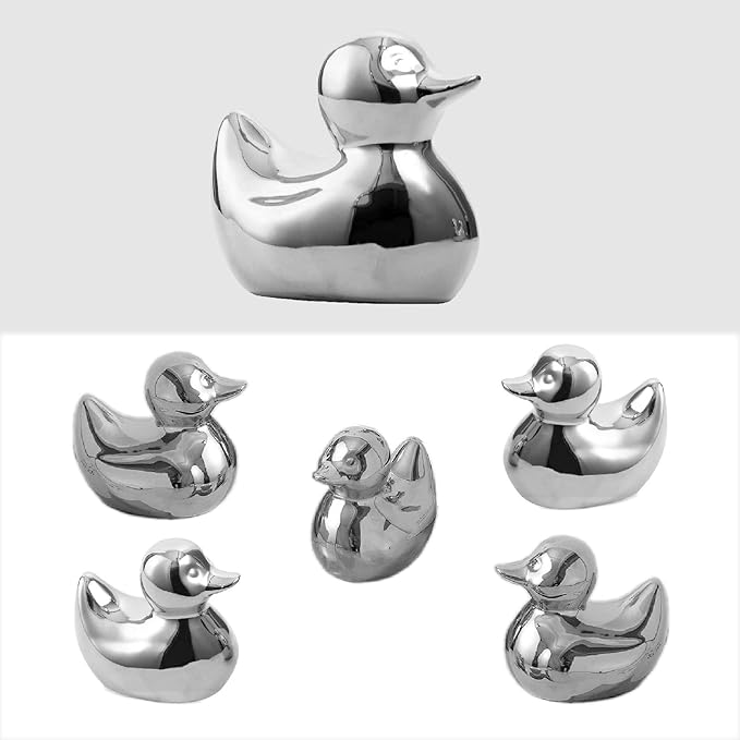 Silver Ceramic Duck Figurines，Home Decor Animal Sculptures and Statues Handmade Artware Decor,Mini Duck Sets 3 PCS