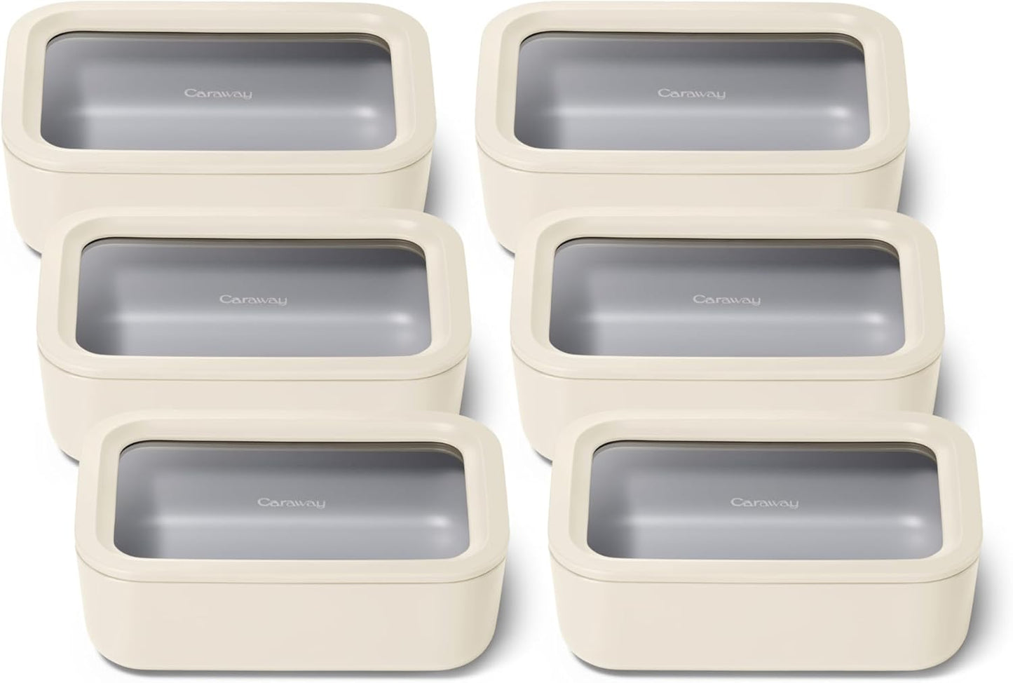 Caraway 6pc Glass Food Storage Set – 6.6 Cup Food Containers (6) - Ceramic Coated - Non Toxic, Non Stick with Lids - Microwave Safe - Cream