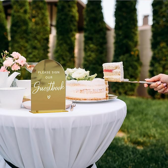 Acrylic Wedding Sign, Bridal Shower Decorations, Please Sign Our Guestbook Sign for Ceremony, Modern Font Table Signs, Gold Mirror Arched Acrylic Tabletop Signs for Wedding Reception and Event Party