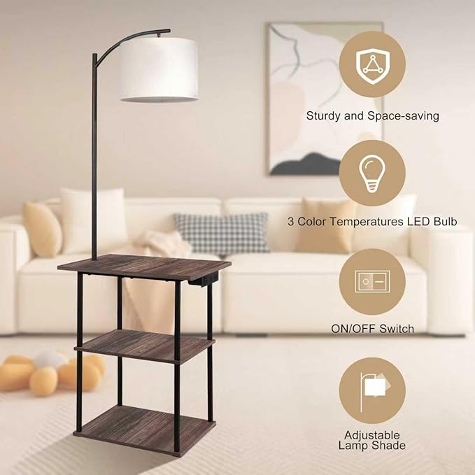 PESRAE Floor Lamp with Table,Lamps for Nightstand with Charging Station(USB & Type-C & AC Port), 3 Color Temperatures 9W LED Bulb, Modern Shelves Side Table for Bedroom, Office