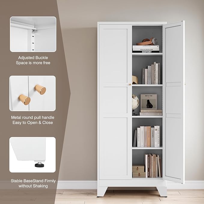Yizosh Metal Pantry Cabinet, 75" Kitchen Pantry with 2 Door and 4 Adjustable Shelves,White Metal Pantry Storage Cabinet,Cupboard for Kitchen,Dining Room,Living Room and Bathroom
