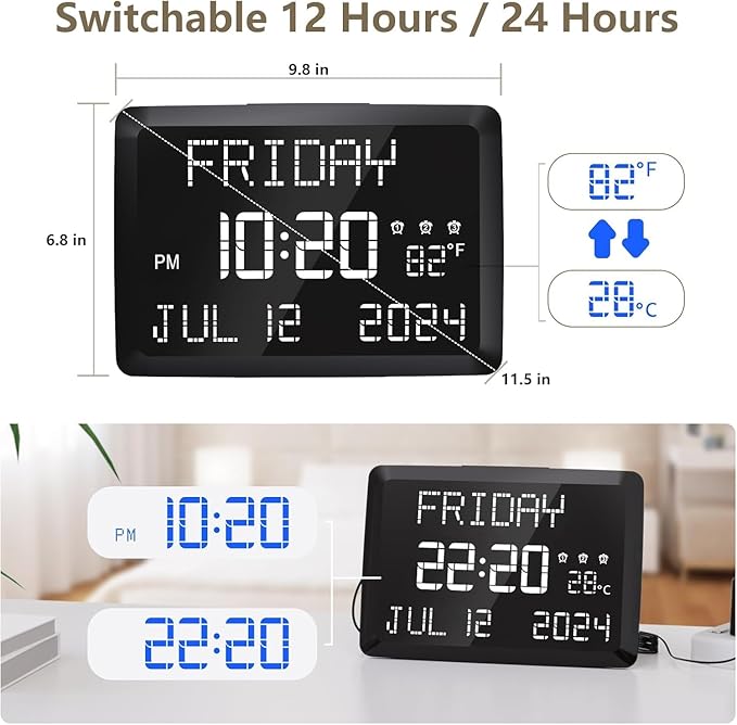 Raynic Digital Clock, 11.5" Large Display Calendar Clock
