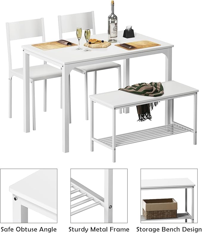 soges 4 Person Dining Table Set,43.3 inch Kitchen Table Set for 4,2 Chairs with Backrest,2-Person Bench with Storage, White Rack,Nesting Furniture Set for Dining Room and Restaurant, White
