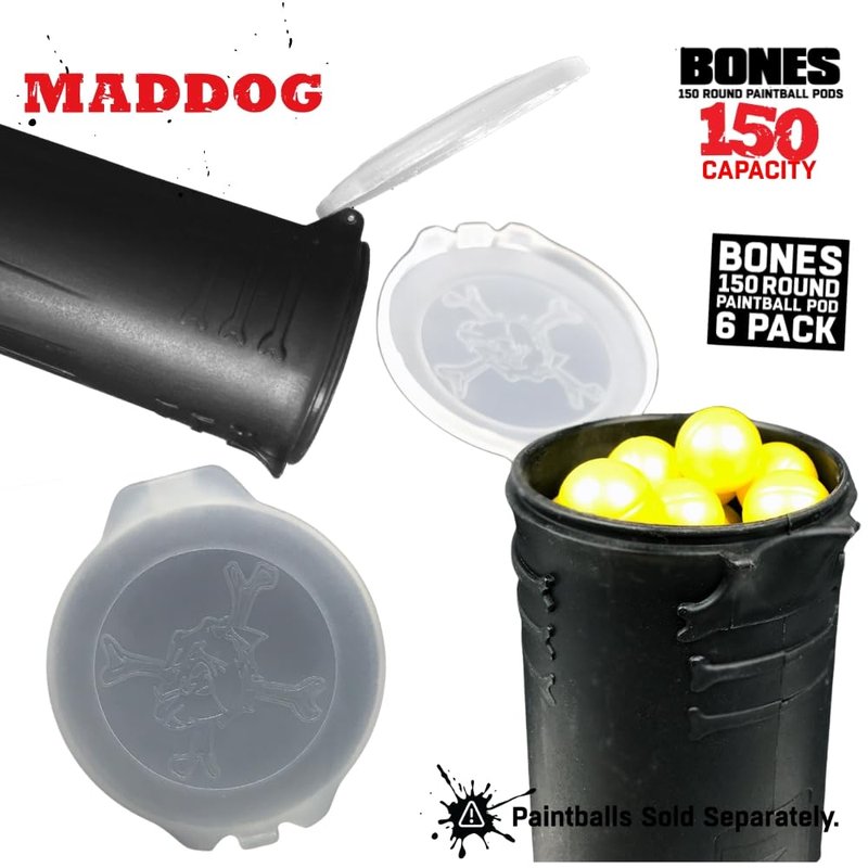 Maddog 150 Round Bones Paintball Pods | Durable Quick Reload Tubes for Tournament and Recreational Speedball Woodsball | 6 Pack - Black
