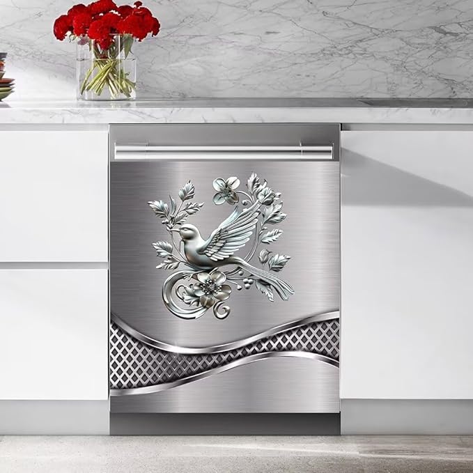 Stainless Steel Design Bird Painting Dishwasher Cover Magnetic Sticker Refrigerator Door Panel Cover Fridge Appliance Magnet Decal Sheet 23x17 inch