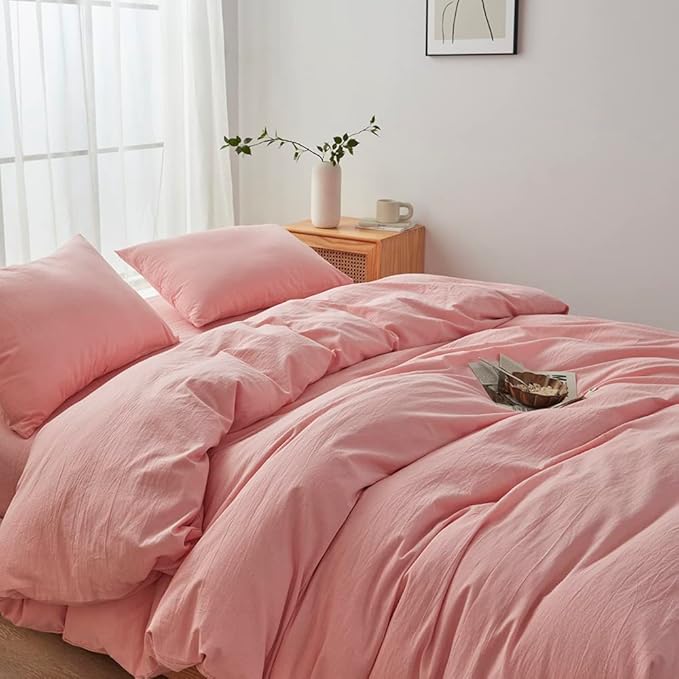FACE TWO FACE Bedding Duvet Cover Set100% Washed Cotton Duvet Cover Linen Like Textured Breathable Durable Soft Comfy (Full, Light Pink)