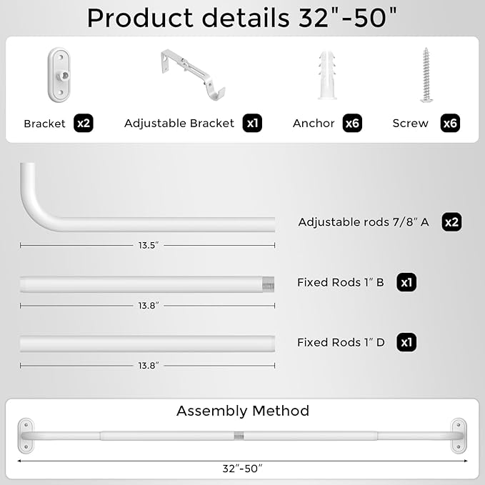 Curtain Rods 32-46 Inch, 1 Inch Adjustable Heavy Duty Room Darkening Window