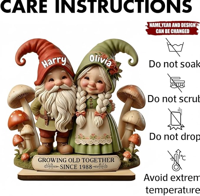 NAZENTI Personalized Gnome Couple Figurine, Growing Old Together Since 1988, Custom Fall, Personalized Family Keepsake, Unique Anniversary for Couple, Custom Gnome Ornament