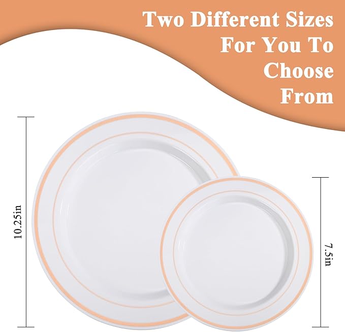 100PCS Rose Gold Plastic Plates Disposable Heavy Duty Include 50PCS 10.25inch Dinner and 50PCS 7.5inch Dessert Plastic Plates for Party Wedding Anniversary New Year