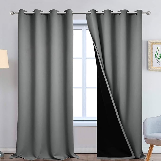 Yakamok Gray 100% Blackout Curtains Energy Saving Thermal Insulated 2 Thick
