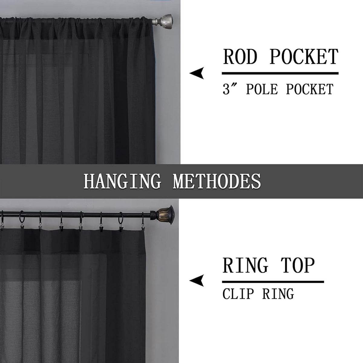 Tollpiz Short Sheer Curtains Linen Textured Bedroom Curtain Sheers Light Filtering Rod Pocket Voile Curtains for Living Room, 54 x 45 inches Long, Black, Set of 2 Panels