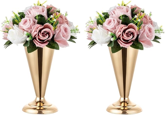 Gold Vase Centerpiece Table Decorations - 2 Pcs Metal Tabletop Flower Stand, Wedding Decorations for Reception, 9.8in Trumpet Tall Flower Vase for Birthday, Weddings, Anniversary Ceremony, Home Decor