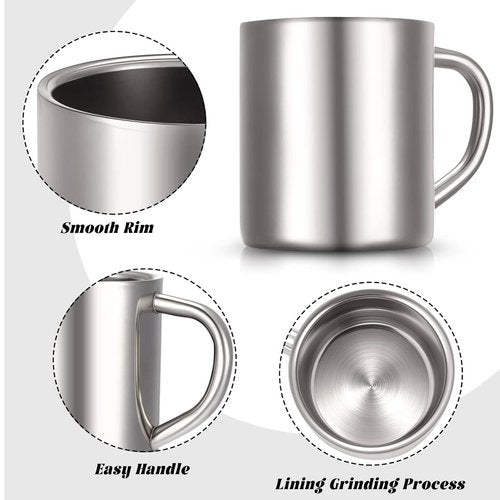 Cunhill 4 Set 10oz/300ml Stainless Steel Coffee Mug with Handle Metal Double Walled Cups Camping Mug Dishwasher Safe Tea Cups for Home Camping Travel Outdoors RV Keep Drinks Hot