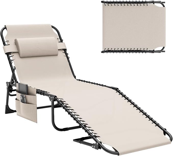 Outdoor Lounge Chair, Foldable Reclining Chaise Lounge with Detachable Pillow & Side Pocket, 4-Position Recliner Tanning Chair for Beach, Pool, Lawn, Backyard, Beige, 2 Packs