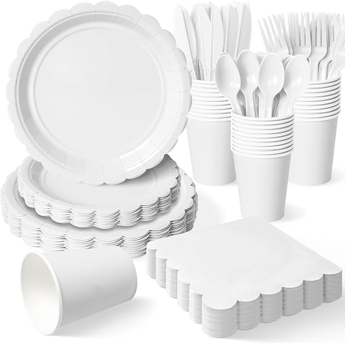 Vyntra 350 PCS Disposable Plates for Party, Paper Plates & Napkins Set with Cups, Knives, Forks, Spoons, 7'' Dessert and 9'' Dinner Plates for Wedding, Birthday, New Year’s Eve, Christmas - White