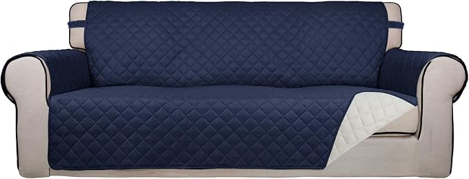 PureFit Reversible Quilted Sofa Cover, Water Resistant Slipcover Furniture Protector, Washable Couch Cover with Non Slip and Elastic Straps for Kids, Pets (Oversized Sofa, Navy/Ivory)