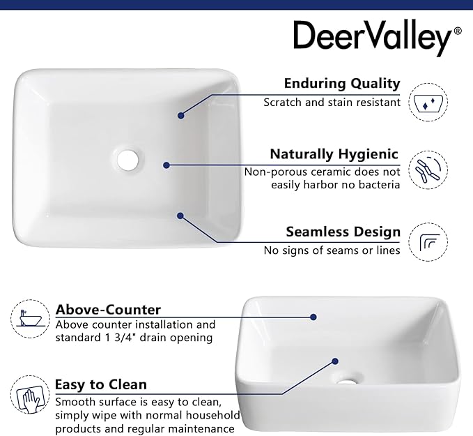 DeerValley Vessel Sink Rectangle 19"x15" Bathroom Sink, White Ceramic Rectangular Sink Above Counter Porcelain Art Basin,19 Inch Bathroom Sinks, DV-1V031