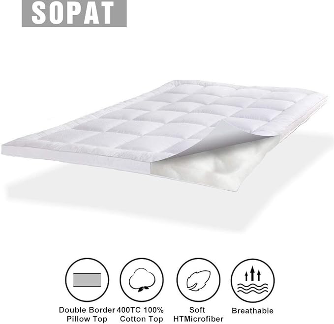 SOPAT Extra Thick Mattress Topper Queen 400TC Cotton Pillow Top Breathable Mattress Pad Protector with 8-22" Deep Pocket Soft Down Alternative Fill Mattress Cover (60x80 Inches, White)