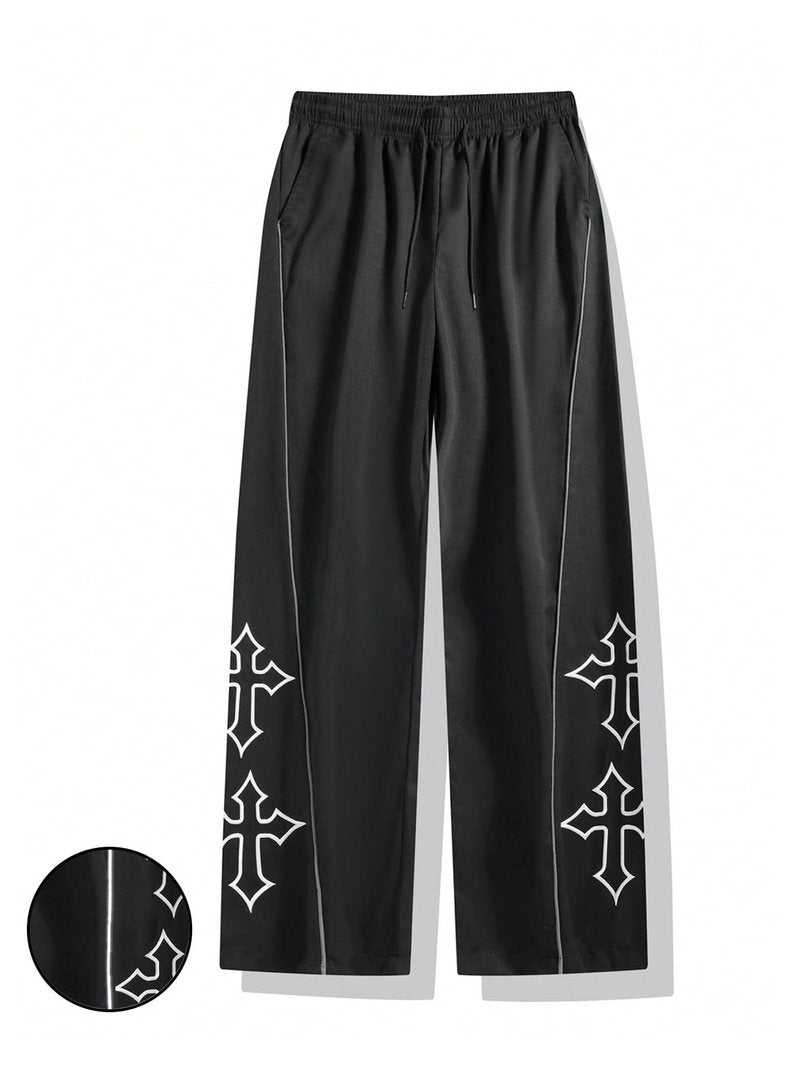 VIPWOLF Men's Cross Graphic Track Pants Y2k Drawstring Waist Stacked Joggers with Pocket Black Medium