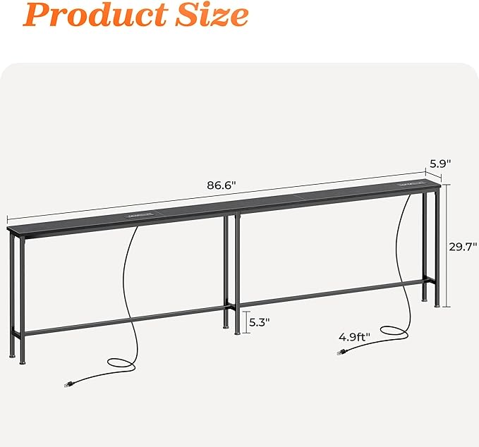 SUPERJARE Sofa Table with 2 Power Outlets and USB-C Ports, 5.9 Inch Narrow Console Table with Storage, Extra-Long, for Entryway Hallway Couch Behind Sofa, Small Spaces (Black, 5.9"D x 86.6"W x 29.7"H)