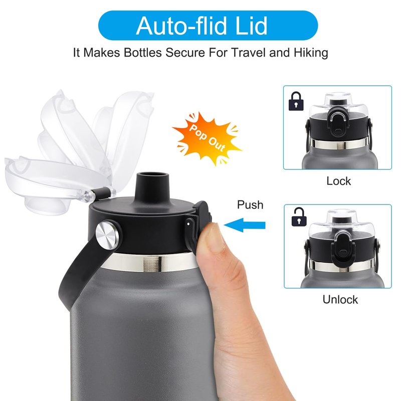 Auto Flip Lid for Hydro Flask Wide Mouth 2 Pack, Great Spout Lid with Handle for 32 oz, 40 oz, Replacement Cap, Top Accessories for Wide Mouth Water Bottles (Black)