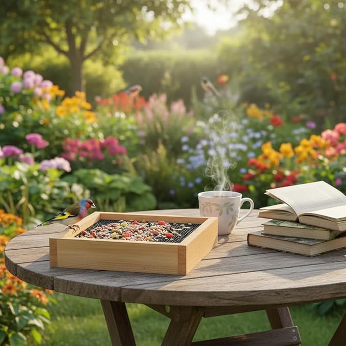 Cedar Wood Platform Tray Bird Feeder 10” - Hanging Bird Feeder for Outside Outdoor - Stainless Steel Cable Mesh Base - Weather Proof Birdfeeder for 10 Years - Longtime Outdoor Lasting Heavy Duty