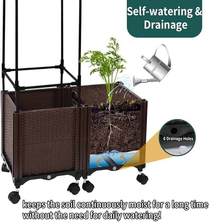 2 Pack Tomato Planter with Trellis, 62" H Rolling Planter Box with Wheels & Water Reservoir, Self-Watering Raised Garden Bed for Climbing Plants, Tomato, Potato, Vegetables, Chili