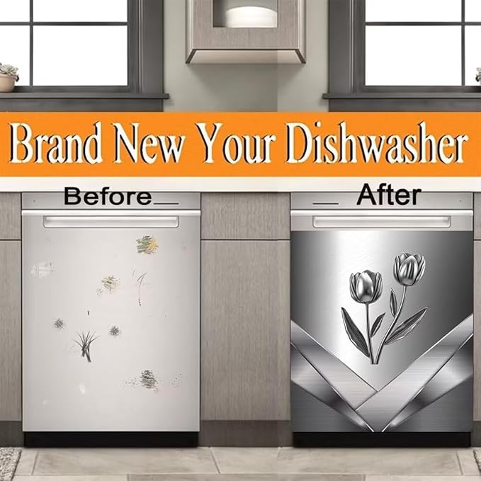 Stainless Steel Design Flower Pattern Magnetic Dishwasher Stickers Cover for Front Door,Refrigerator Magnetic Cover Kitchen Decorative,Home Appliance Vinyl Sticker 23W x 26H inchs