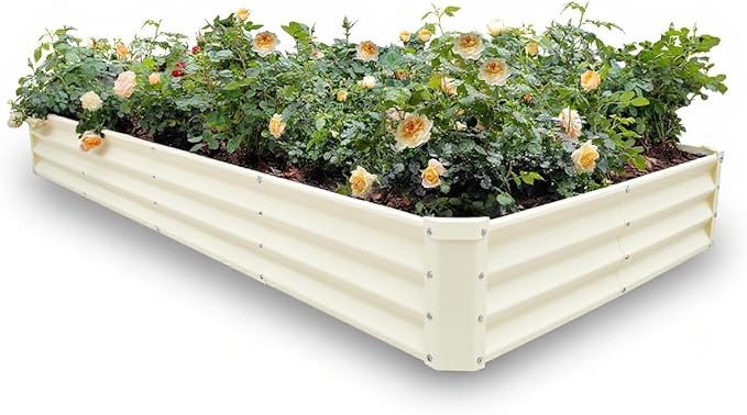 GARDMAX 8x4x1FT Galvanized Raised Garden Bed Kit, Metal Planter Boxes Outdoor with Easy Assembly, Large Garden Bed for Vegetables, Fruits, Flower, Herbs Rectangle Milk White