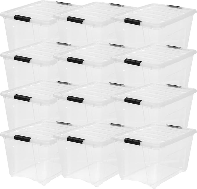 IRIS USA 12 Pack WeatherPro 54 Quart Stackable Storage Tote Bins, Plastic Gasket Box with Tight Latching Lids and Seal, Clear/Black