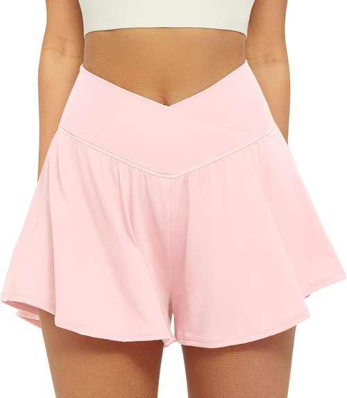 FireSwan Women's Crossover Athletic Shorts - 2-in-1 Flowy Running Shorts with Pockets | Butterfly Design