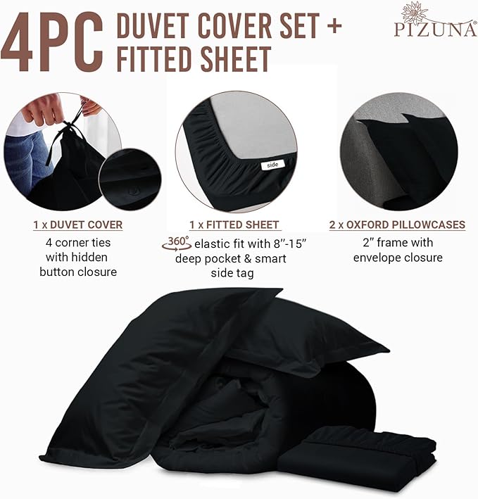 Pizuna 100% Cotton Full 3 Pc Duvet Cover + 1 Pc Fitted Sheet Set 400 Thread Count Black Sateen Weave Luxurious Long Staple Cotton 4 Piece Bedding Set - 1 Duvet Cover, 2 Pillow Shams, 1 Fitted Sheet