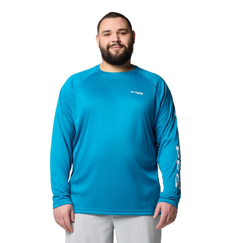 Columbia Men's PFG Terminal Tackle Long Sleeve Fishing Shirt, Blue Echo/White Logo, 3X Tall