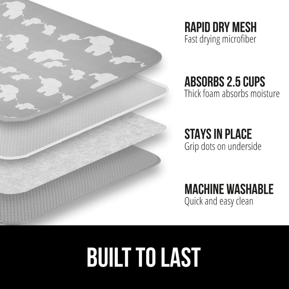 GORILLA GRIP Ultra Water Absorbent Microfiber Dish Drying Mat, 18x32, Quick Dry Thick Mesh, Slip Resistant Pad for Sink Dishes or Under Rack, Kitchen Counter Accessories, Machine Wash Mats, Elephants