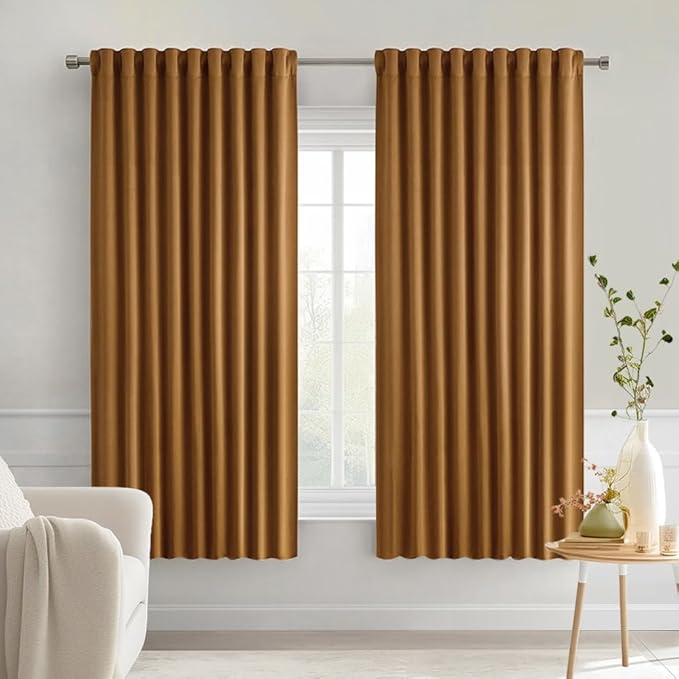 MIULEE Golden Brown Back Tab Blackout Curtains 63 Inch Length 2 Panels Set
